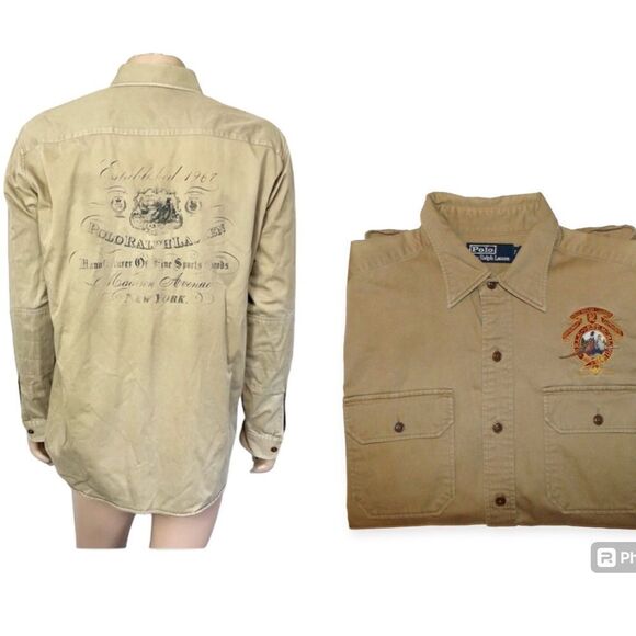 Rare Polo By Ralph Lauren Cotton Pheasant Patch Back Graphic Print Shirt Khaki L - Picture 1 of 17